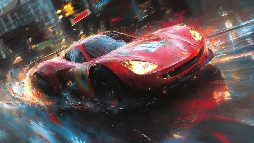 Red GT race car drifting through neon reflections on wet asphalt