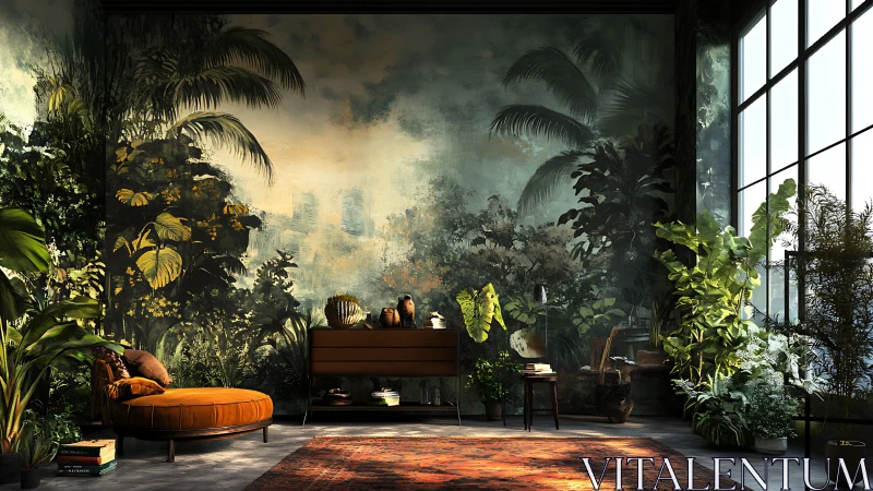 Lush jungle mural anchors sunlit modern living interior