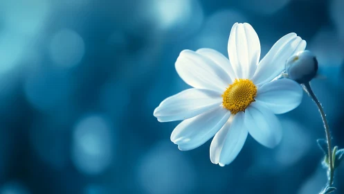 White Daisy with Yellow Center Against Soft-Focus Blue Background
