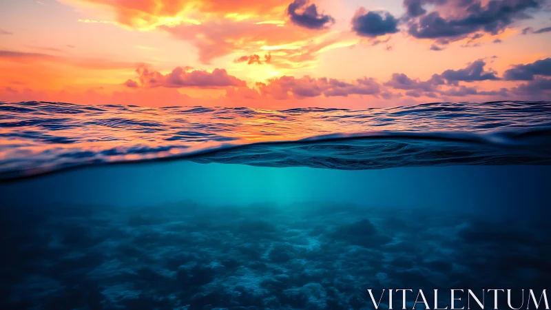 Bifurcated seascape captures sunset sky and submerged reef