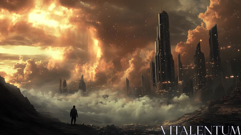Lone figure approaches towering sci fi city in burning sky