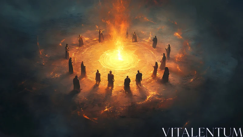 Ritual circle of hooded figures around central fire vortex