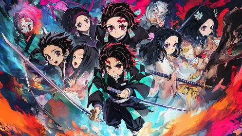 Anime swordsmen group with colorful elemental backdrop.