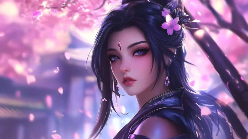Blossom-veiled warrior gazes through drifting sakura dusk.
