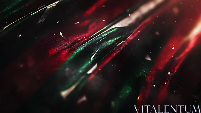 Shimmering crimson and emerald fabric glows in dramatic light