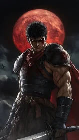 Bloodstained warrior under large red moon at night.