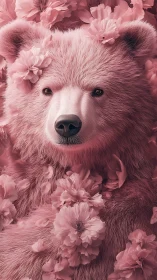 Pink bear portrait integrates floral elements in uniform tone