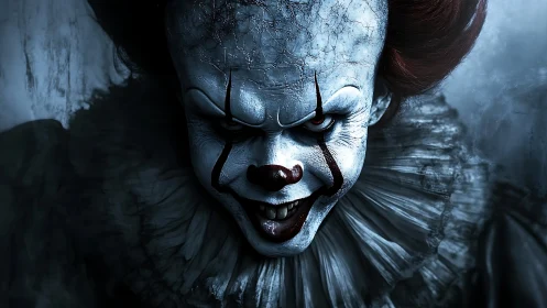 Forensic close-up of cracked horror clown visage under glare.