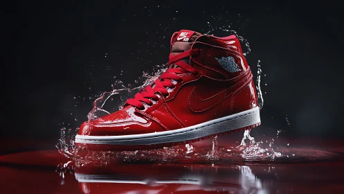 Red high-top sneaker captured mid-splash in dark studio