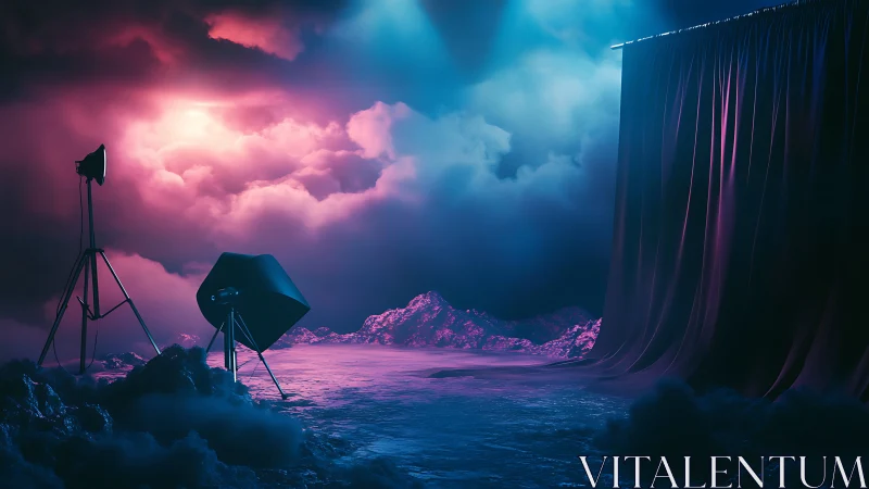 Studio lights stand before draped curtain in clouded scene
