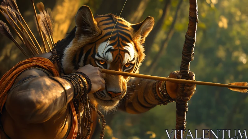 Anthropomorphic tiger archer drawing a bow in forest light