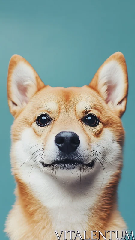 Calm shiba portrait gazes ahead in teal studio hush.