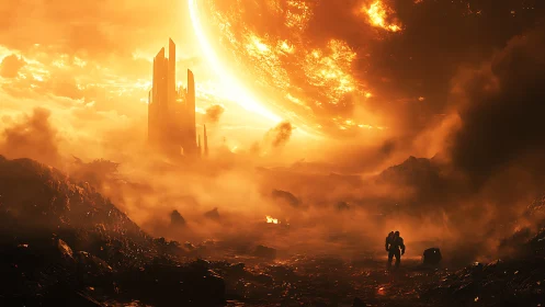 Astronauts on volcanic alien plain under giant burning sun.