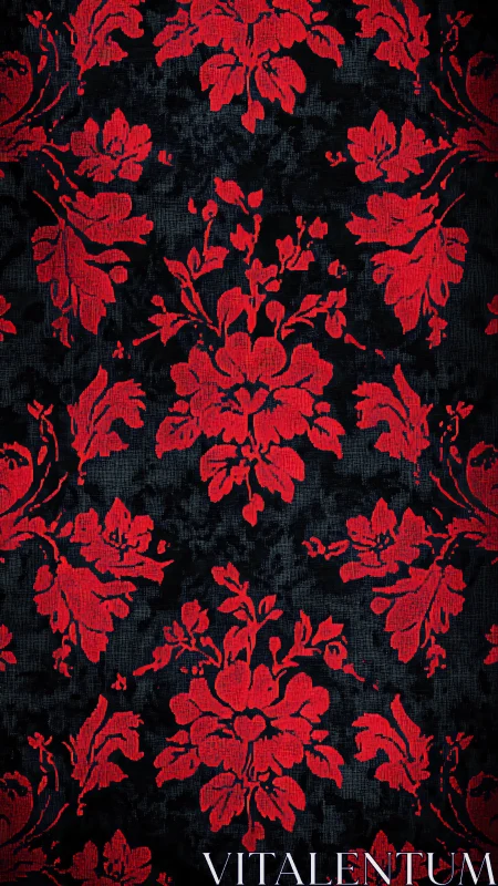 Red floral damask pattern repeats on dark textured fabric