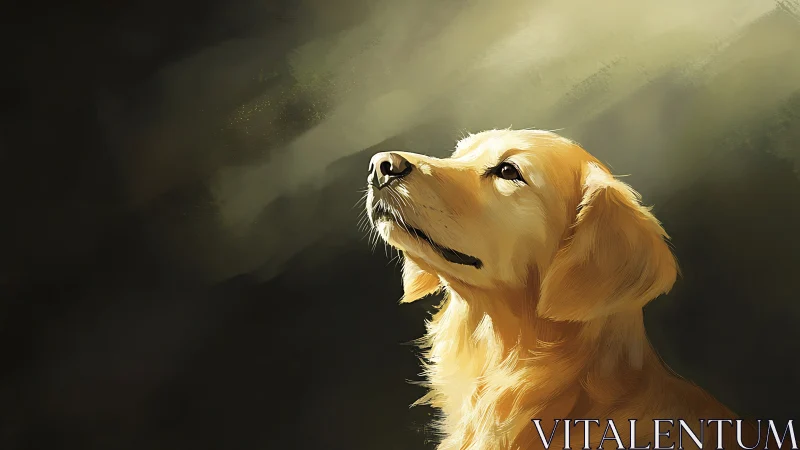 Golden retriever portrait rendered in dramatic chiaroscuro light