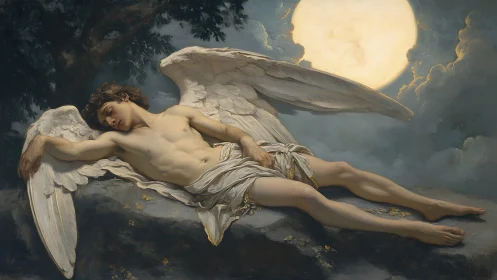 Moonlit angel slumbers on stone beneath a solemn, glowing sky.