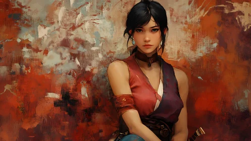 Warrior portrait against abstract rusted palette field.