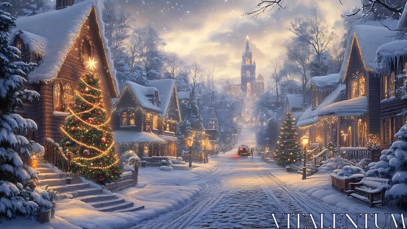 Snowy village street glowing with festive winter lights.