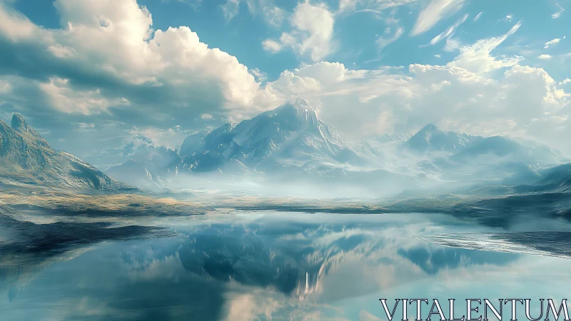 Ethereal glacial mountains mirrored in tranquil alpine lake.