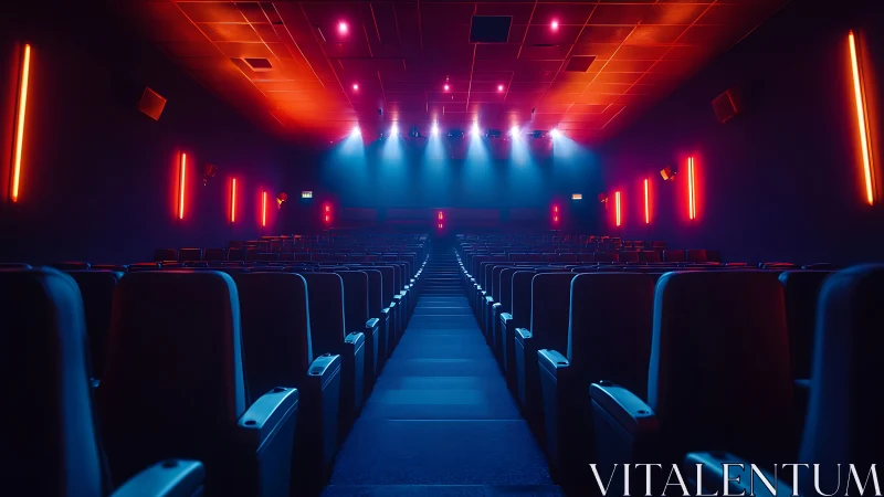 Soft neon lights bathe an empty cinema in cinematic glow