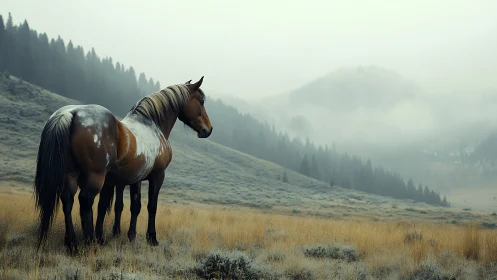 Photorealistic bay horse in misty mountain valley composition.