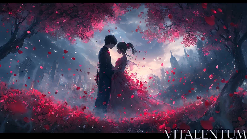 Romantic Figures Amid Crimson Petals and City Lights.