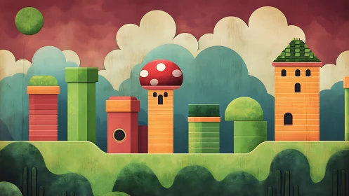 Stylized landscape of pipes, towers and mushroom form structures.