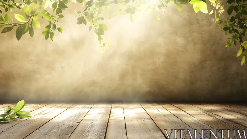 Sunlit leaf canopy spilling warmth on rustic wood floor.
