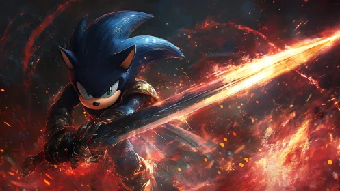 Blazing blue hedgehog hero charging with a fiery sword.
