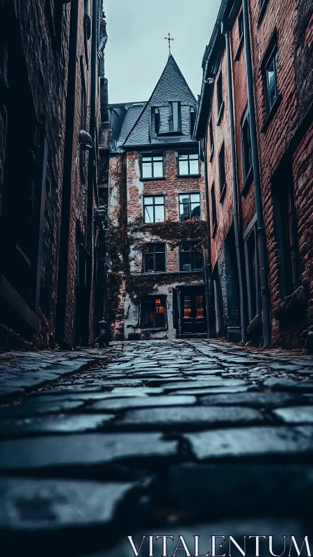 Narrow cobblestone alley leading to old brick townhouse.