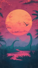 Dinosaurs stand near reflective water under large stylized sun