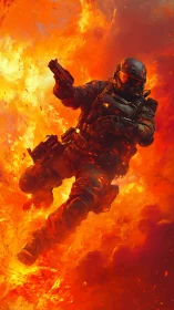 Armored Soldier Wielding Firearm Amid Intense Inferno Flames