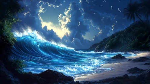 Moonlit wave and quiet tropical cove in luminous twilight.