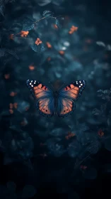 Monarch butterfly glows above teal foliage in night garden.