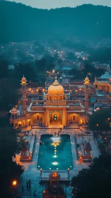 Illuminated temple complex glows against misty hillside town