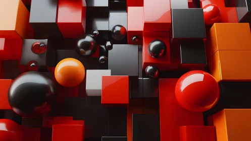 3D geometric abstraction in red, black and orange gloss blocks.