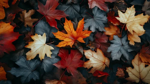 Maple leaves cover ground with central orange leaf in focus