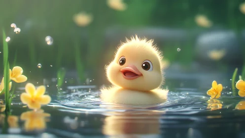 Sunlit duckling daydream in a dewy wildflower pond.