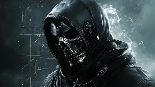 Mysterious hooded reaper in gleaming cyberpunk armor.