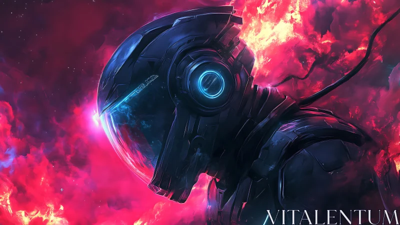 Lone futuristic astronaut against vivid cosmic nebula.