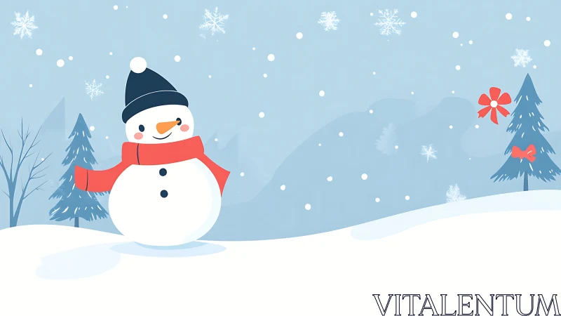 Smiling snowman in minimal winter landscape illustration.