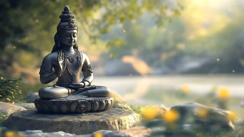 Serene bronze deity statue in sunlit riverside garden.
