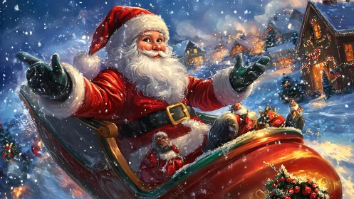 Festive Santa sleigh ride over snow lit Christmas village.