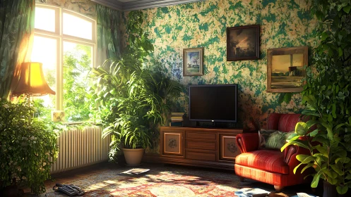 Sunlit retro living room glows with lush indoor greenery