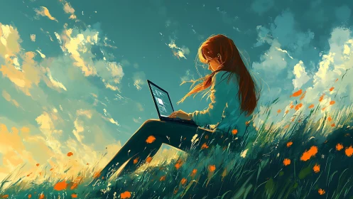 Red haired girl using laptop in windy flowered field.