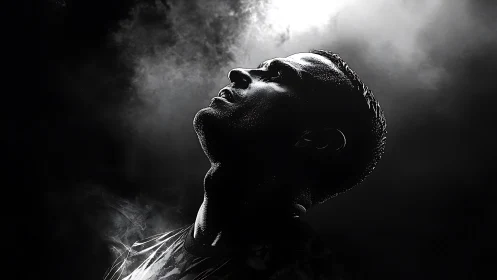 Dramatic side-lit male profile in cinematic smoke and shadow.