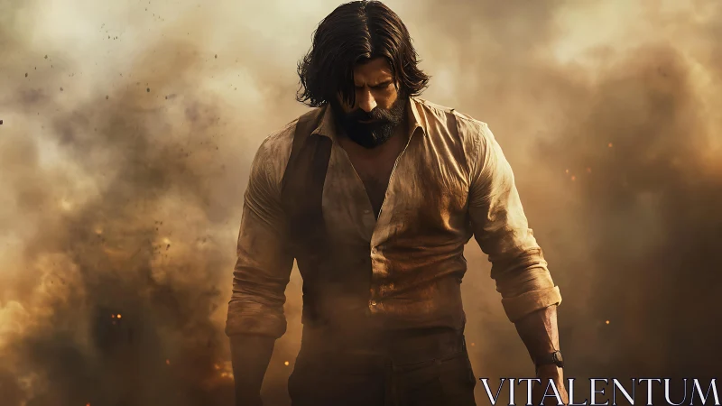 Smoke-wreathed warrior strides from embers like forged thunder