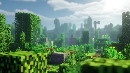 Pixelated forest landscape with overgrown structures