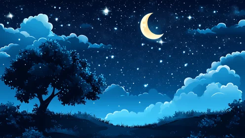 Nocturnal crescent sky with stylized clouds and silhouetted tree.