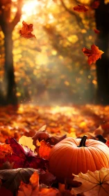 Pumpkin rests on autumn leaves under soft backlit forest glow